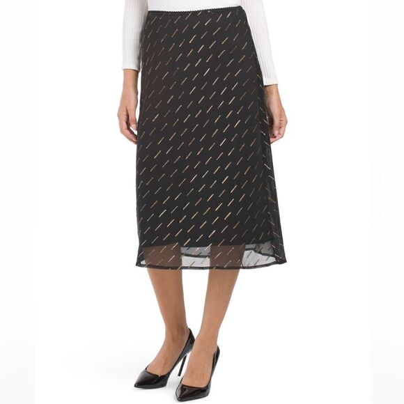 BAND OF GYPSIES Gold Metallic Flocked Overlay Midi Skirt Black M NWT - Picture 1 of 11